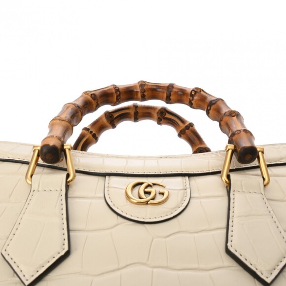 GUCCI Diana Bamboo Mini Leather Tote Bag White 655661 Gucci Diana Tote Bag Ivory White Crocodile Bamboo Handbag